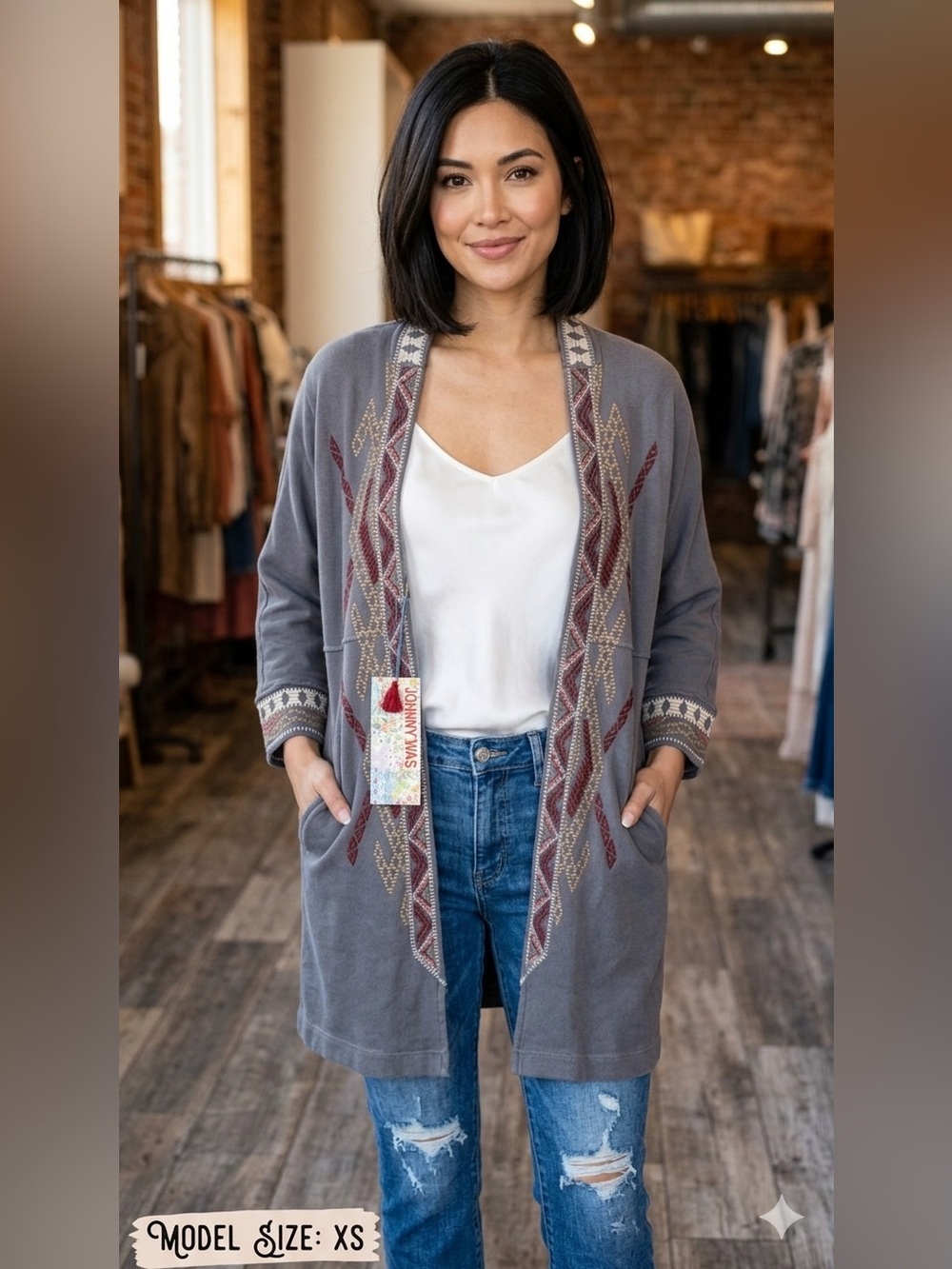 Johnny Was JW Los Angeles Gray Embroidered Duster Jacket Coat XS Tribal Boho